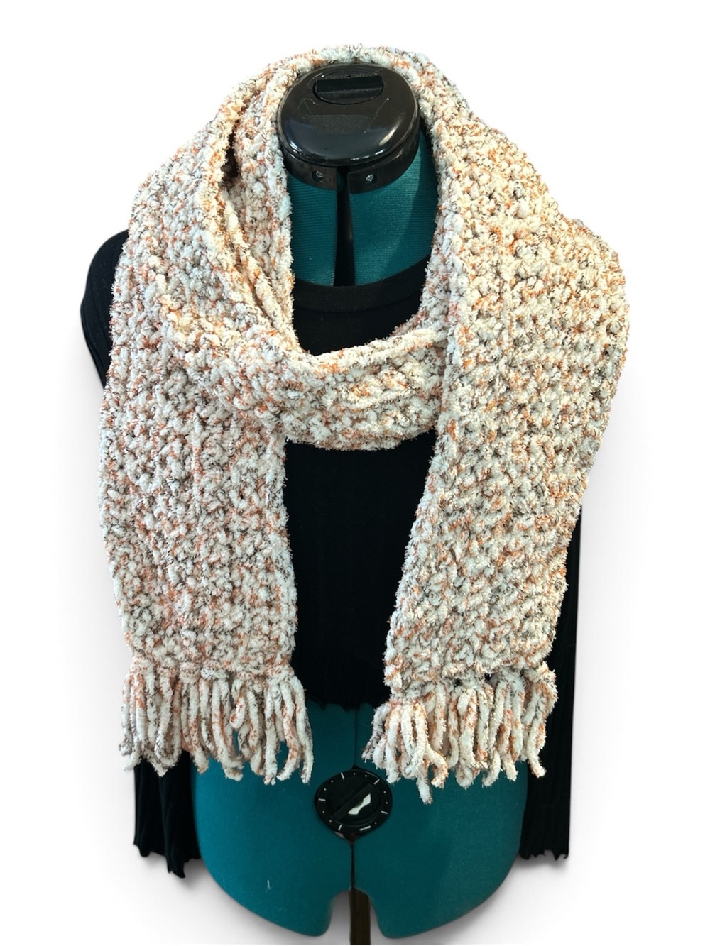 Cozy Chunky Crochet Fringe Scarf - Cream & Tan